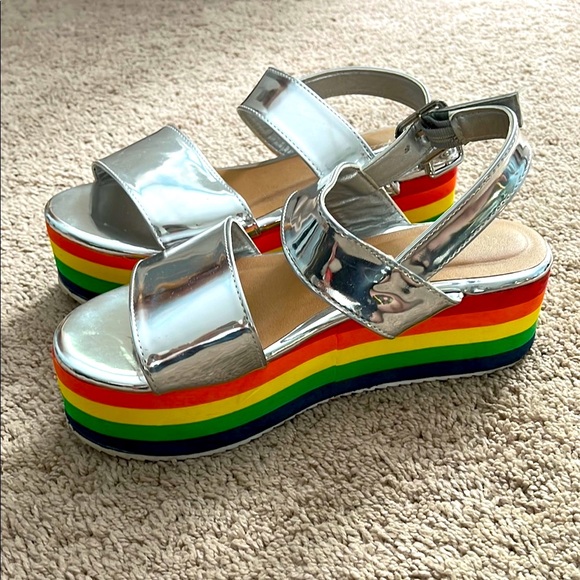 Shoes - Silver Platform Sandals with Rainbow Soles